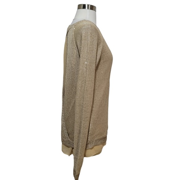 Sioni Women's Beige Metallic Sequin Long Sleeve Open Knit Sweater Size Small - Picture 3 of 9